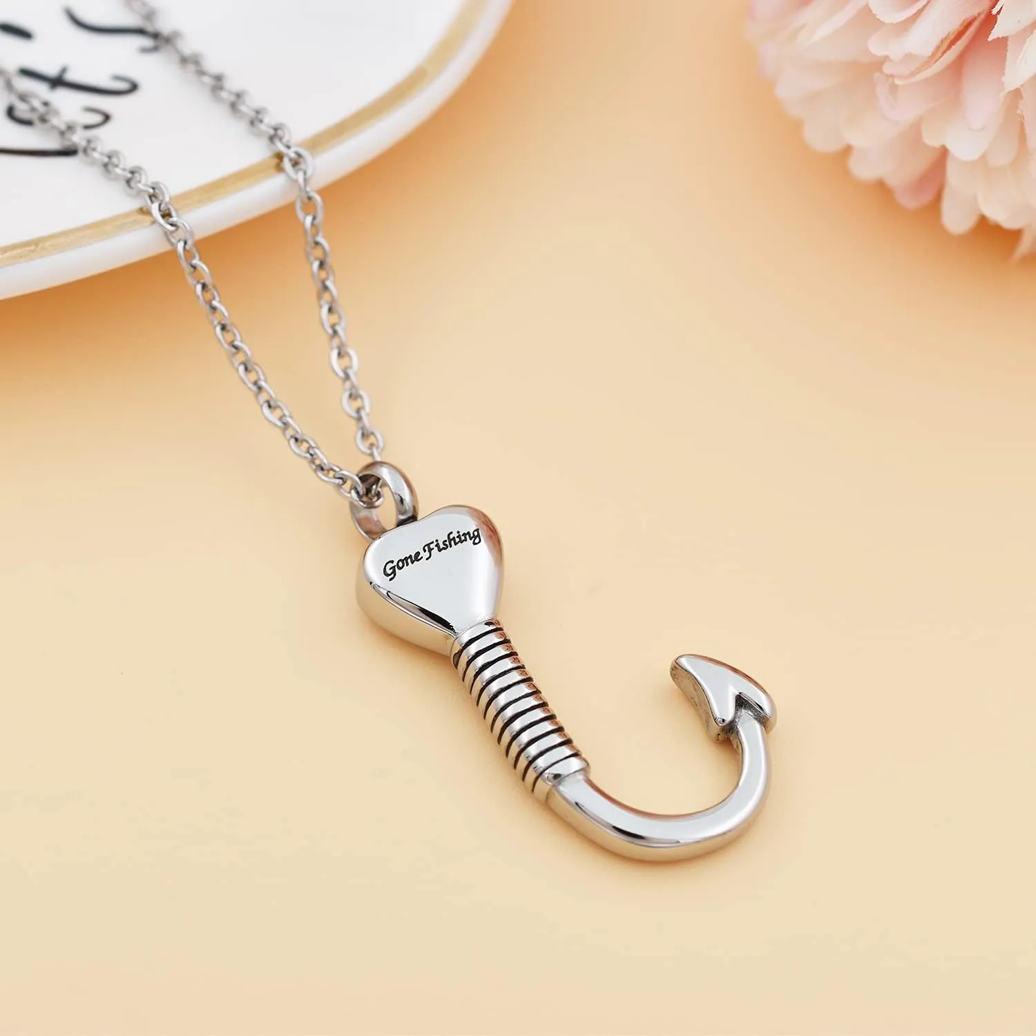 Fishing Hook Keepsake Jewelry 316L Stainless Steel Fish Hook Cremation Urn Necklace Pendant Ashes Urn Holder Memorial Jewelry Unisex