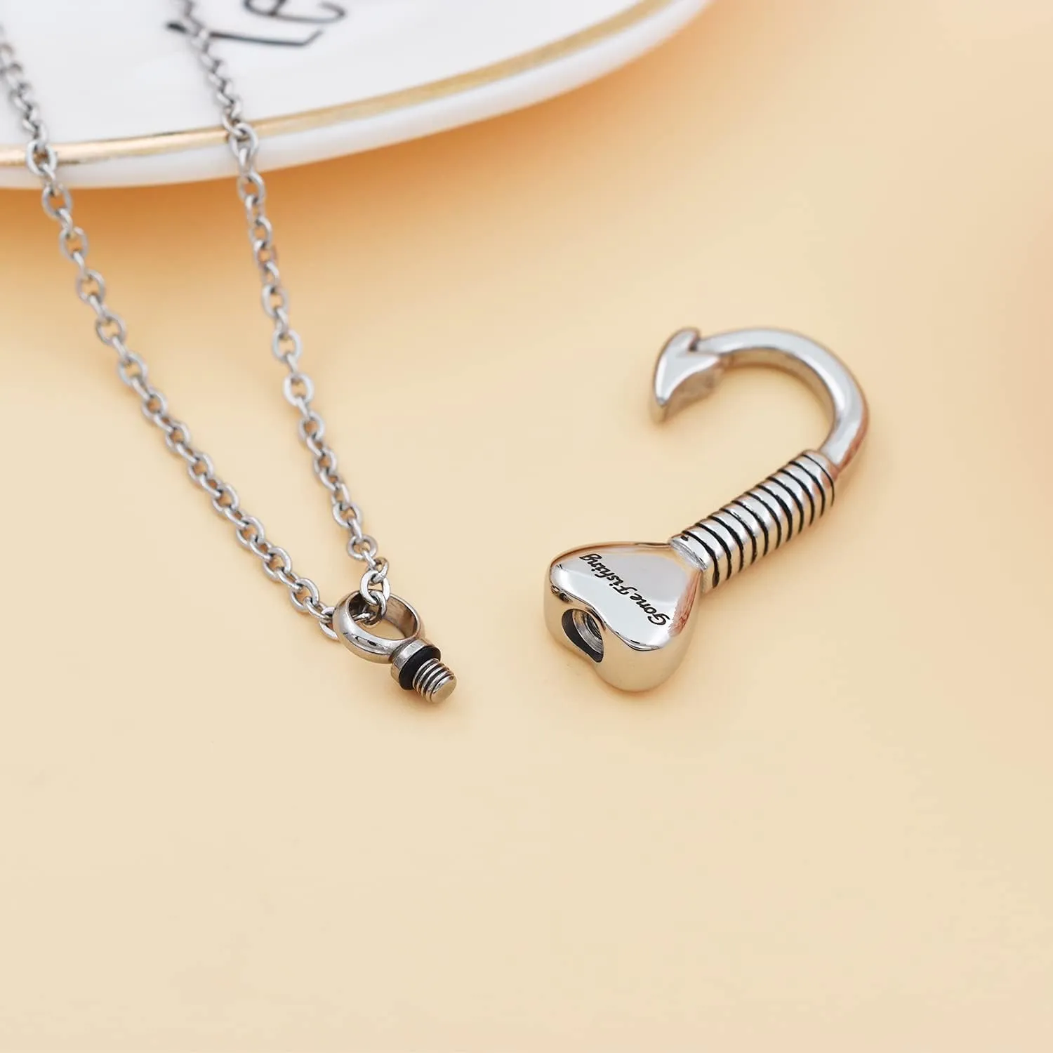 Fishing Hook Keepsake Jewelry 316L Stainless Steel Fish Hook Cremation Urn Necklace Pendant Ashes Urn Holder Memorial Jewelry Unisex