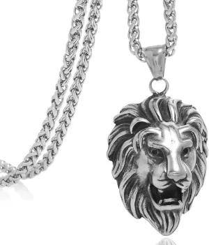 FIZIZDH Men's Stainless Steel Lion Biker Pendant Necklace with 24 inch Keel Link Chain