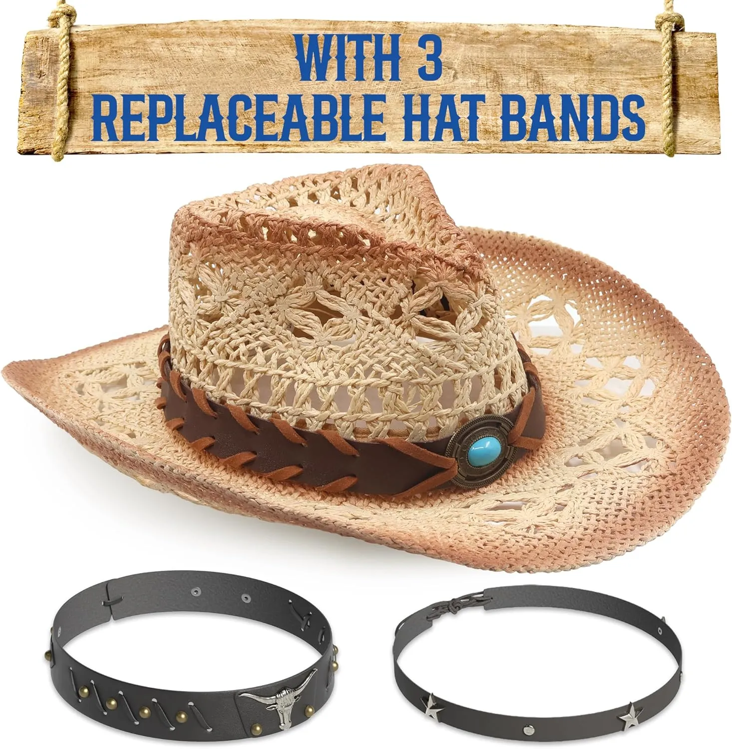 Funcredible Straw Cowboy Hat for Women - Straw Cowgirl Hat - Vintage Cowboy Hat with 3 Replaceable Hat Bands