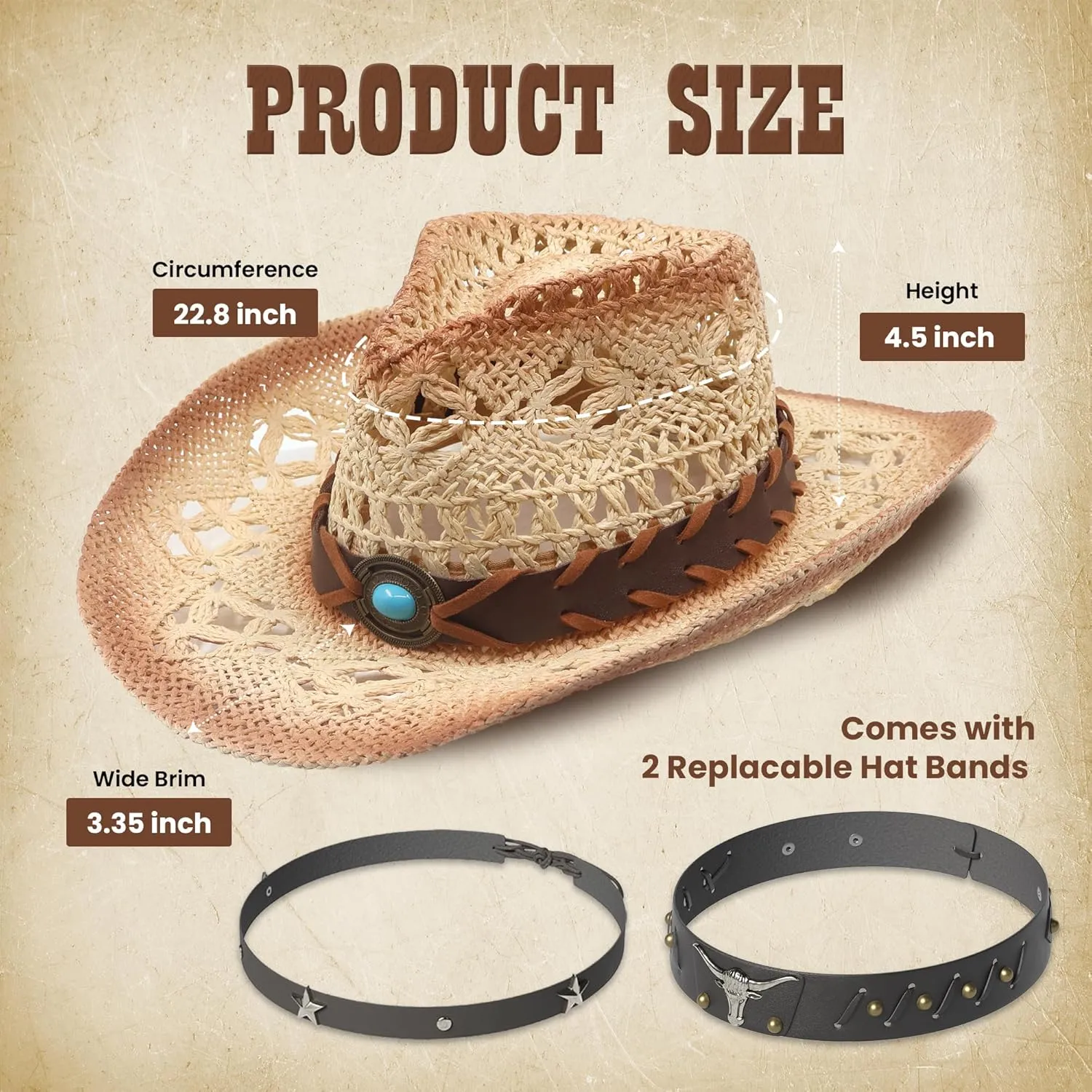 Funcredible Straw Cowboy Hat for Women - Straw Cowgirl Hat - Vintage Cowboy Hat with 3 Replaceable Hat Bands