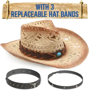 Funcredible Straw Cowboy Hat for Women - Straw Cowgirl Hat - Vintage Cowboy Hat with 3 Replaceable Hat Bands
