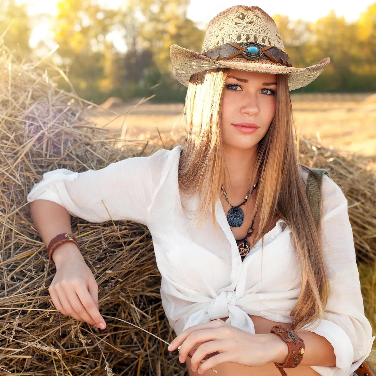 Funcredible Straw Cowboy Hat for Women - Straw Cowgirl Hat - Vintage Cowboy Hat with 3 Replaceable Hat Bands