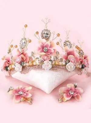 Girls Pink and Creme Flower, Crystal, And Pearl Embellished Crown with Earrings