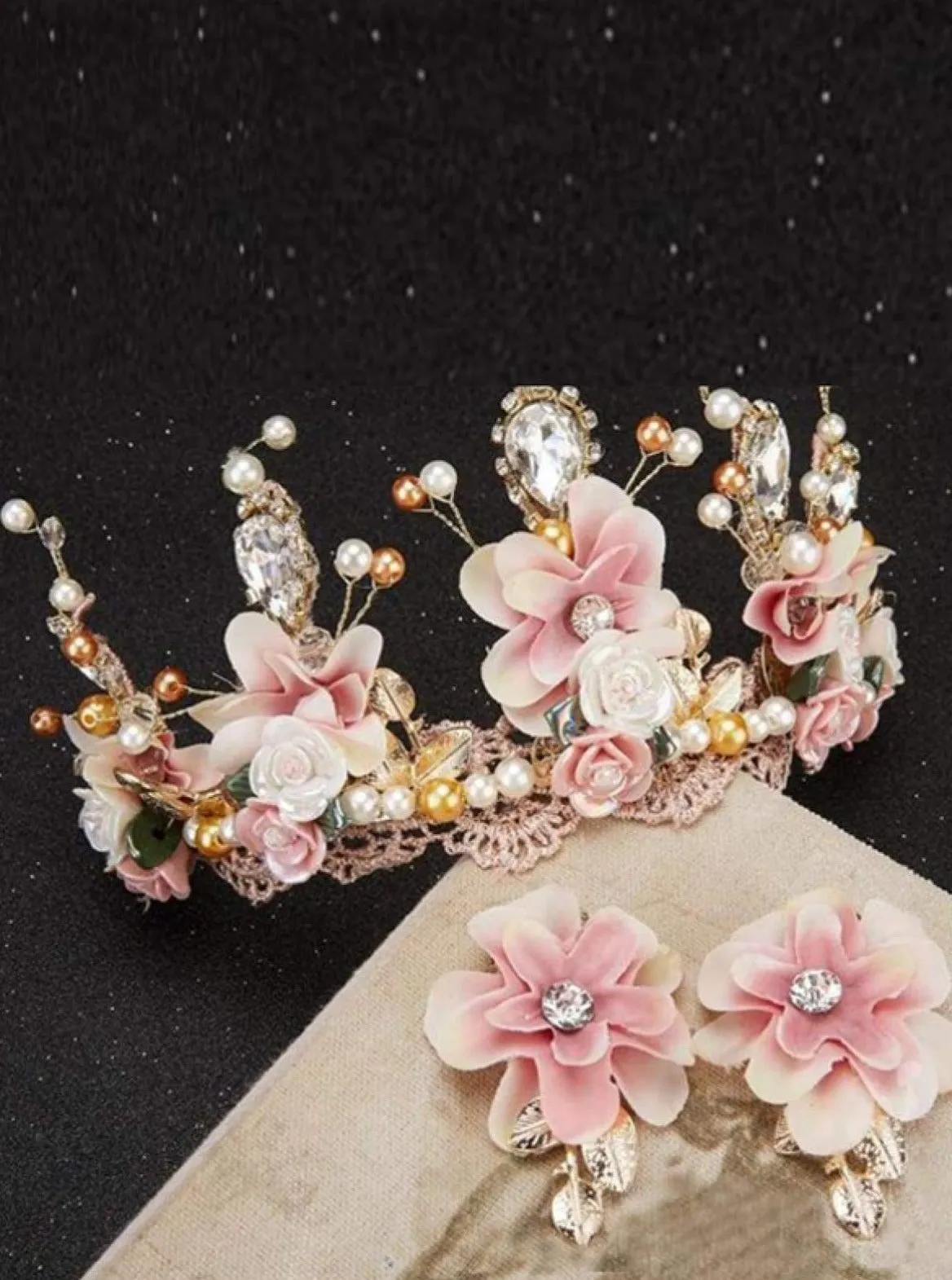Girls Pink and Creme Flower, Crystal, And Pearl Embellished Crown with Earrings