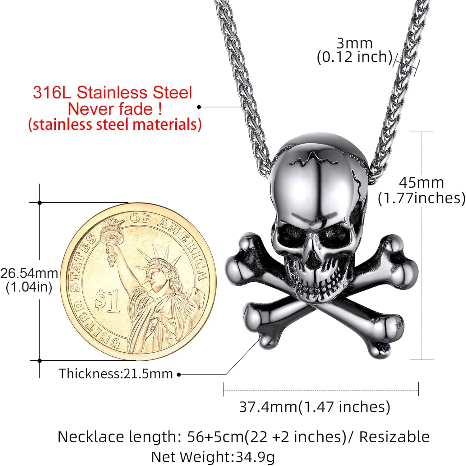 GoldChic Jewelry Skull Necklaces For Men, Stainless Steel Gothic Skeleton Necklace Viking Norse Runes Halloween Gifts for Man