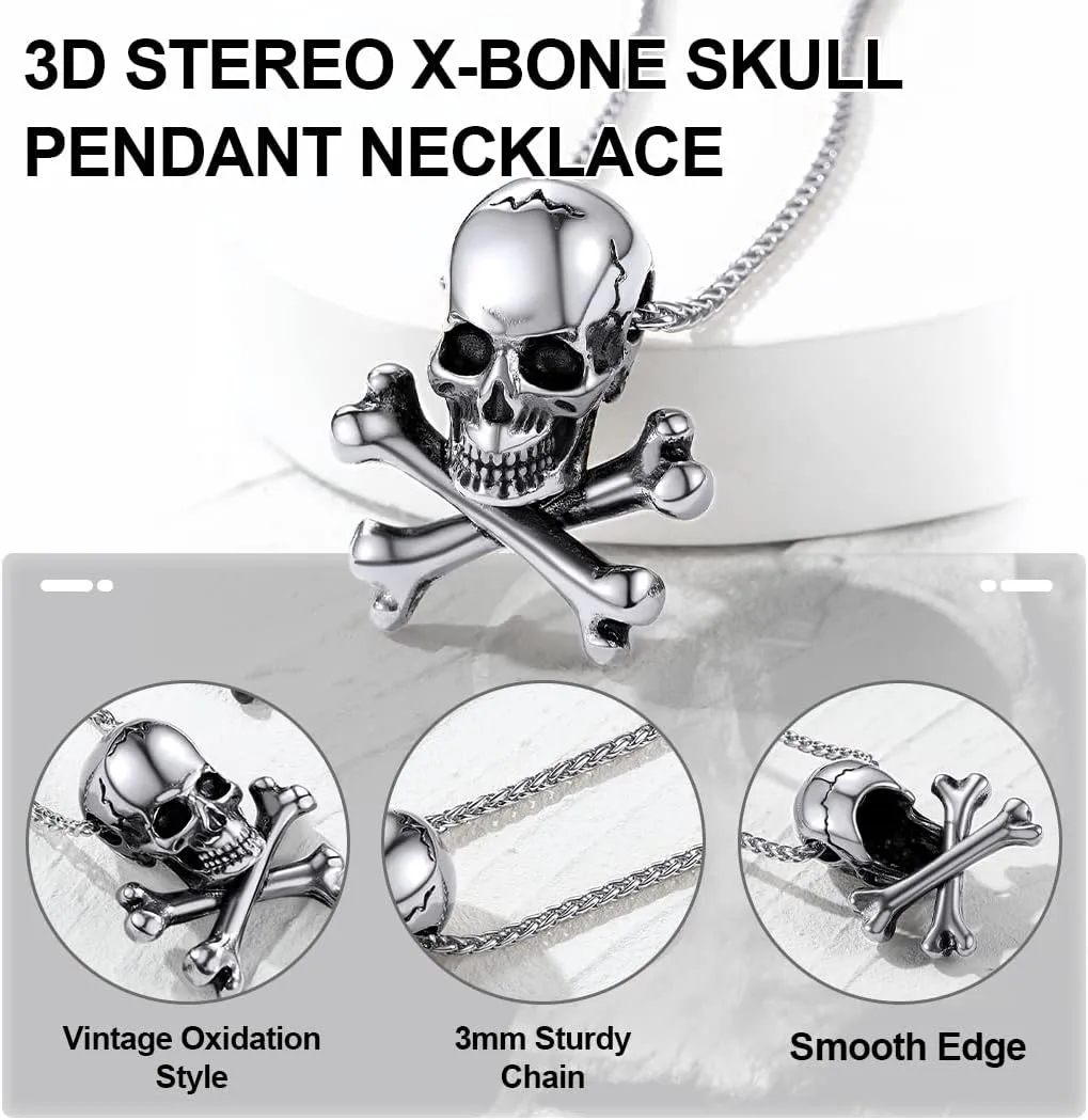 GoldChic Jewelry Skull Necklaces For Men, Stainless Steel Gothic Skeleton Necklace Viking Norse Runes Halloween Gifts for Man