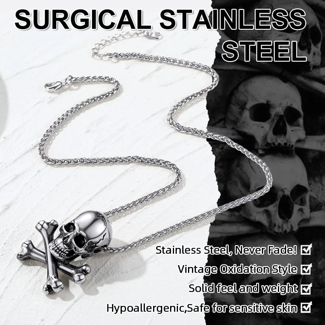 GoldChic Jewelry Skull Necklaces For Men, Stainless Steel Gothic Skeleton Necklace Viking Norse Runes Halloween Gifts for Man