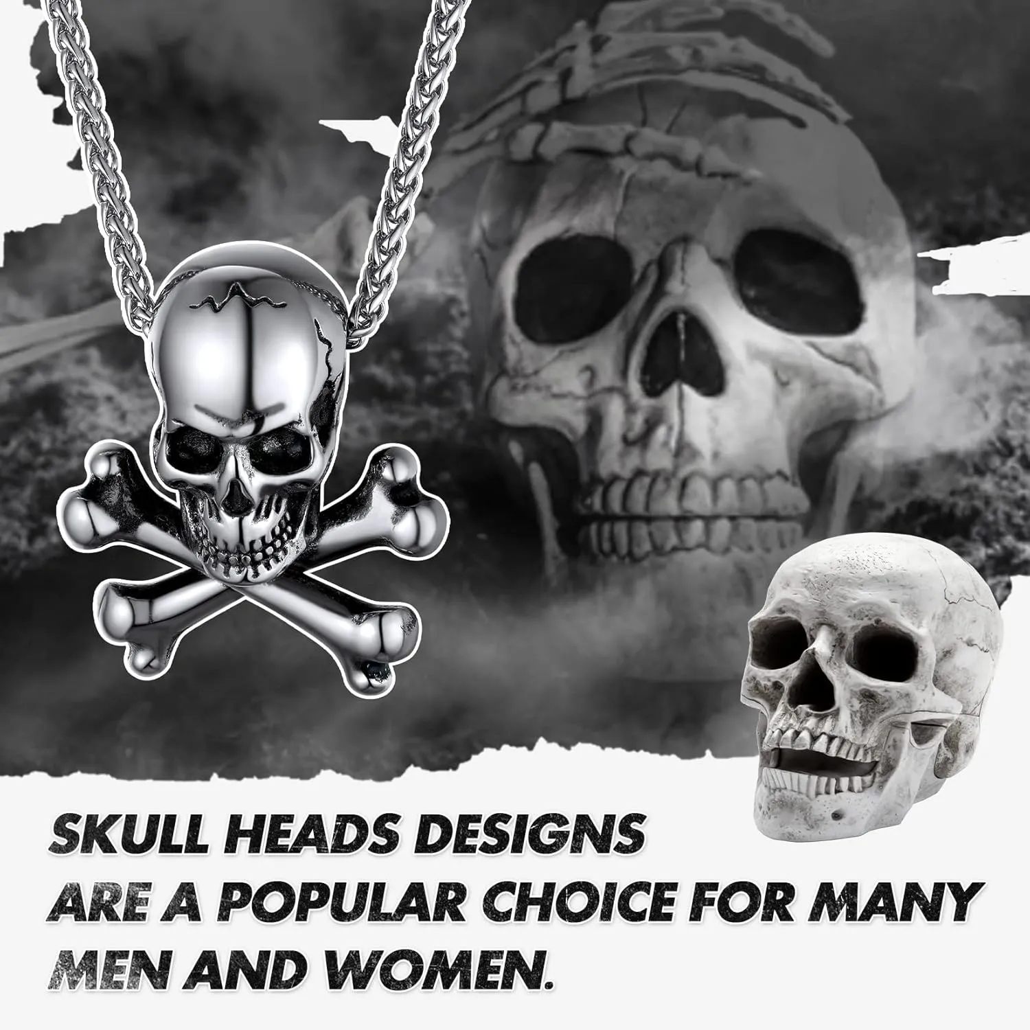 GoldChic Jewelry Skull Necklaces For Men, Stainless Steel Gothic Skeleton Necklace Viking Norse Runes Halloween Gifts for Man