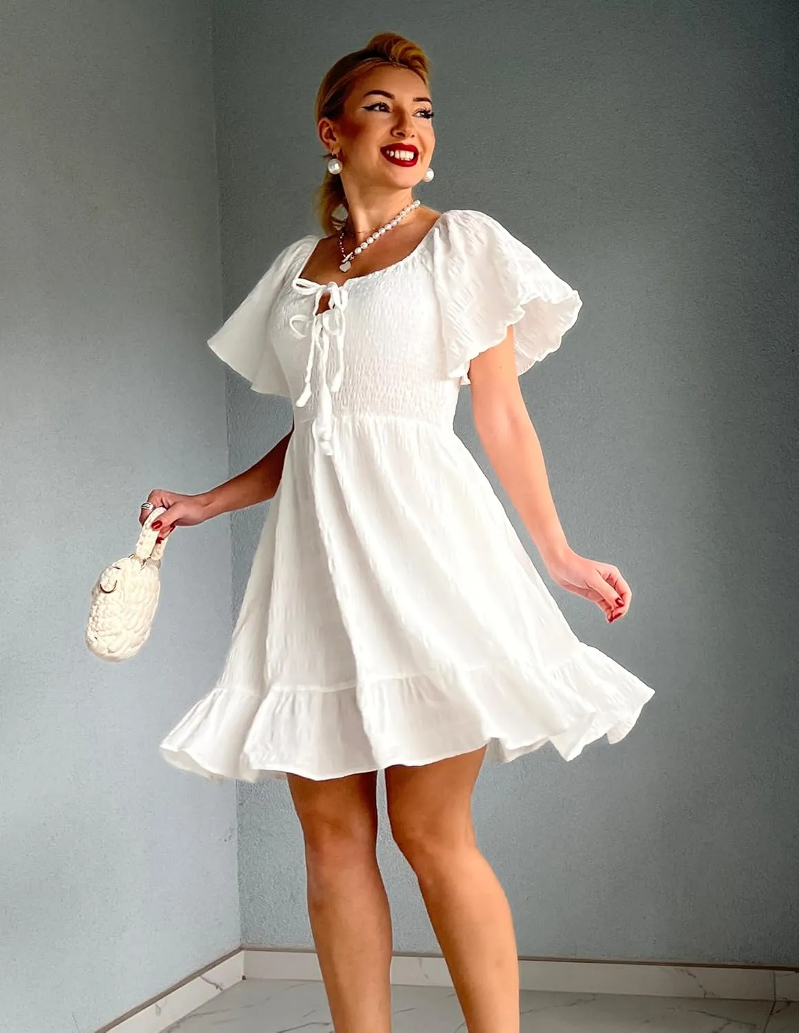 GRACE KARIN Womens Summer Short Sleeve Mini Dress Off Shoulder Tie Front Smocked Babydoll Dress Flowy A Line Casual Sundress