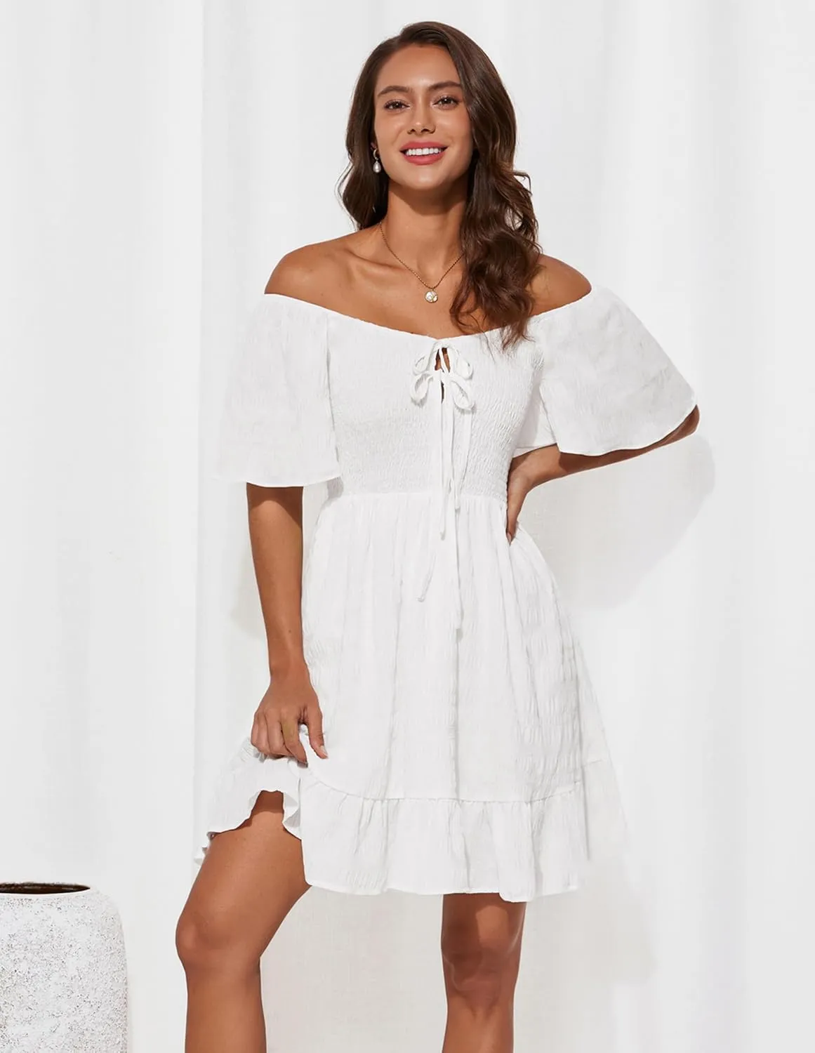 GRACE KARIN Womens Summer Short Sleeve Mini Dress Off Shoulder Tie Front Smocked Babydoll Dress Flowy A Line Casual Sundress