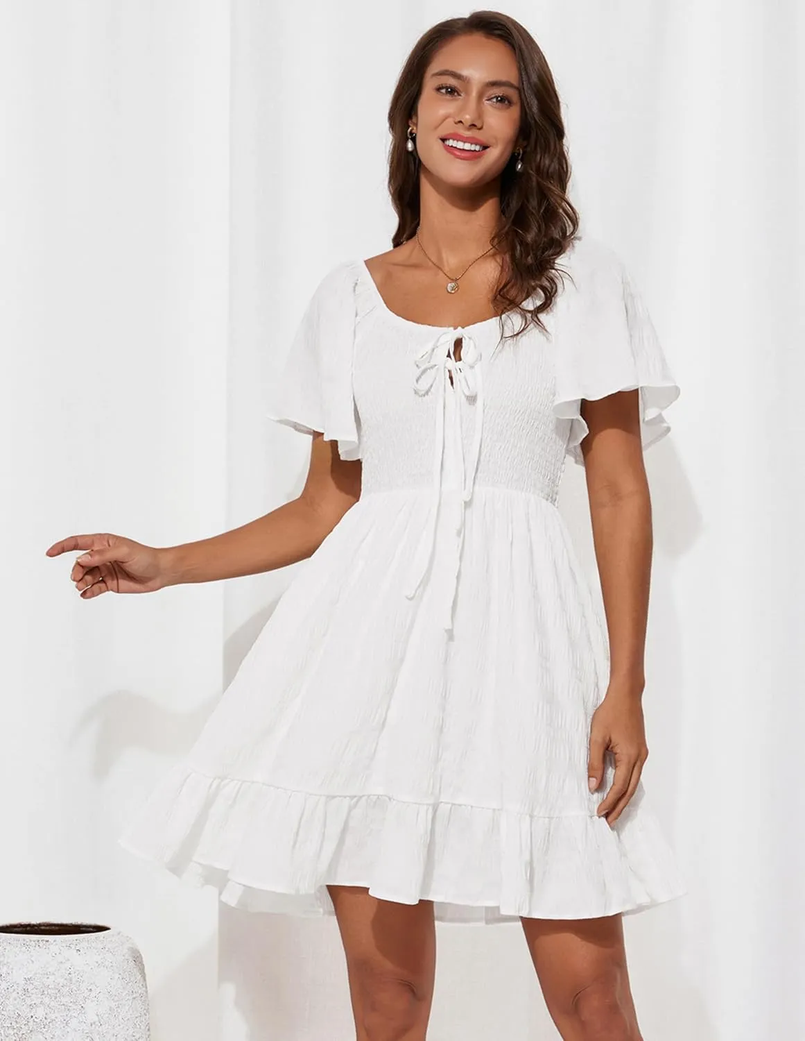 GRACE KARIN Womens Summer Short Sleeve Mini Dress Off Shoulder Tie Front Smocked Babydoll Dress Flowy A Line Casual Sundress