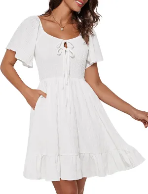 GRACE KARIN Womens Summer Short Sleeve Mini Dress Off Shoulder Tie Front Smocked Babydoll Dress Flowy A Line Casual Sundress