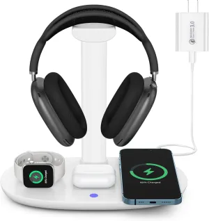 Headphone Stand with 15w Wireless Charger, Suguder 4 in 1 Charging Station Headset Holder for AirPods Max/Pro/4/3/2 iWatch 10/9/8/7/6/5/4/3/2/1/SE iPhone 16/15/14/13/12/11/X for Desktop Table Game