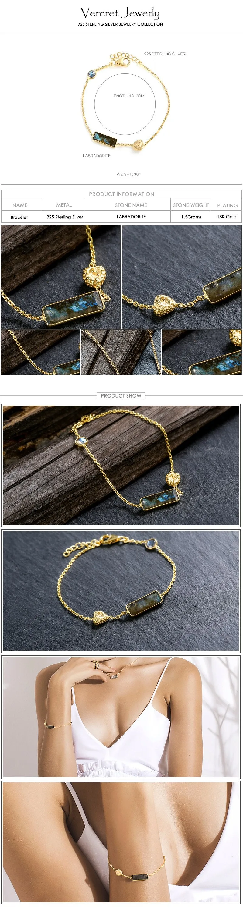 Heart shape 18k gold 925 silver bracelets labradorite jewelry