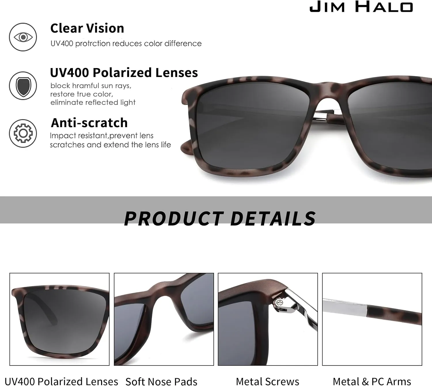 JIM HALO Polarized Driving Sunglasses Retro Square UV protection Classic Sun Glasses Men