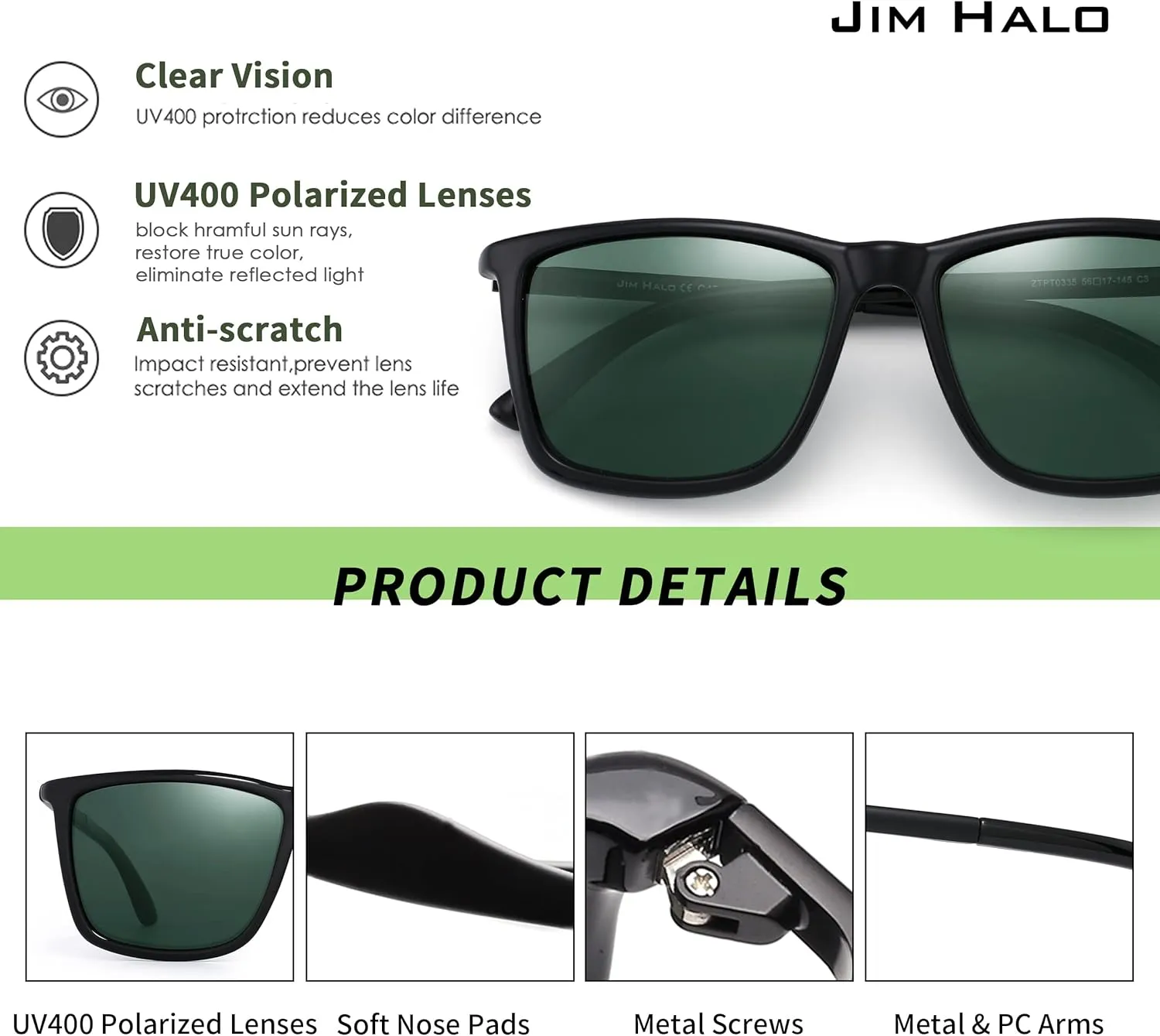 JIM HALO Polarized Driving Sunglasses Retro Square UV protection Classic Sun Glasses Men