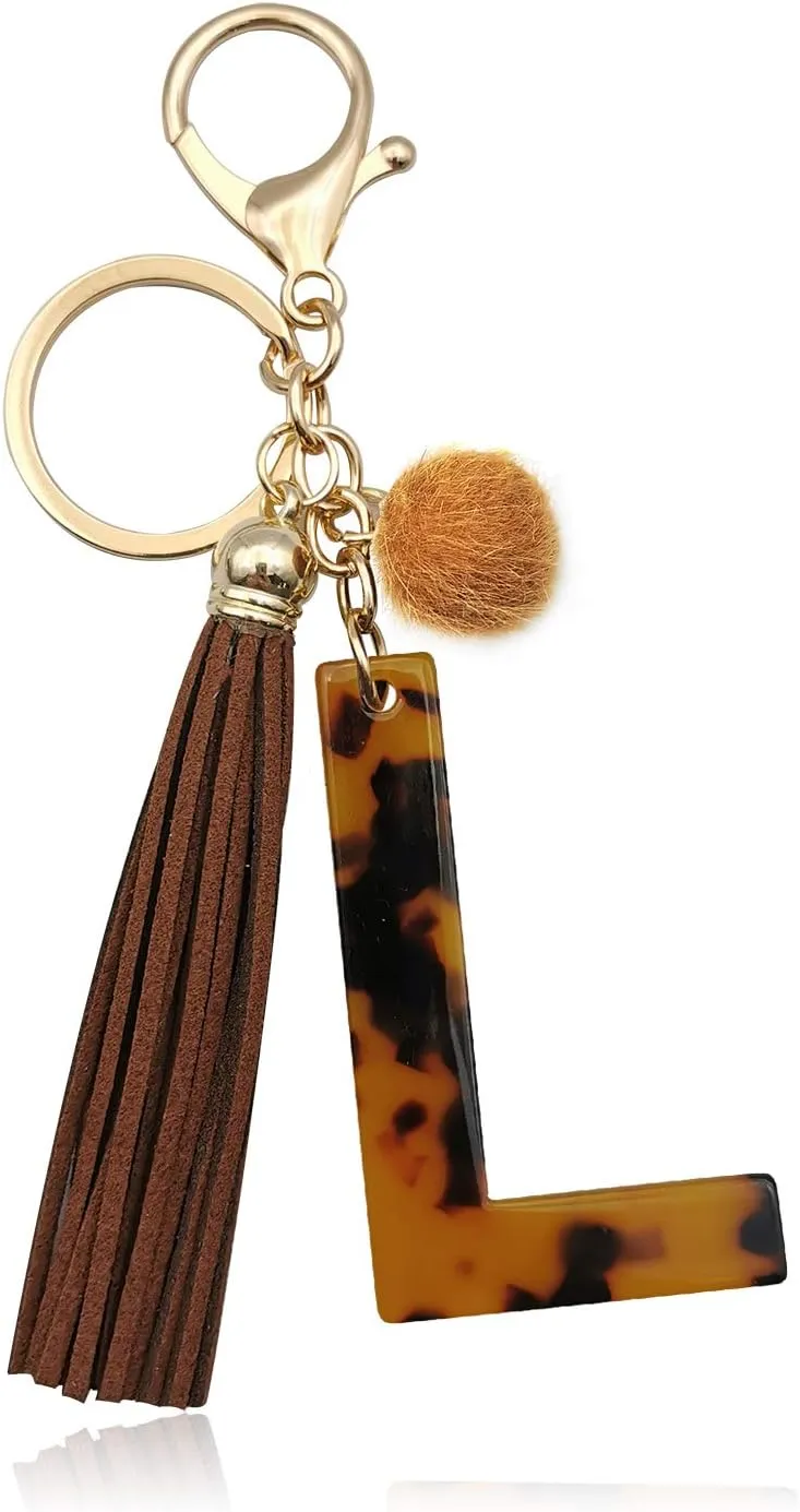 Leopard Alphabet Initial Letter Keychain Tassel Pendant Key Ring for Women Girls Purse Handbags