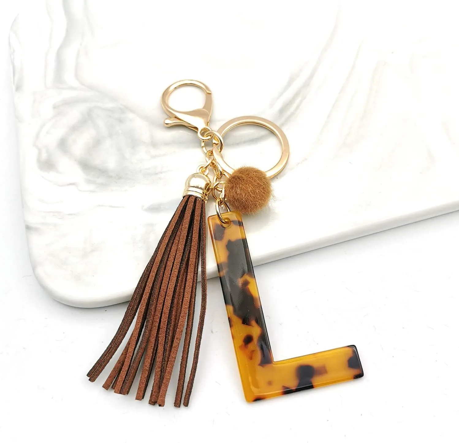 Leopard Alphabet Initial Letter Keychain Tassel Pendant Key Ring for Women Girls Purse Handbags