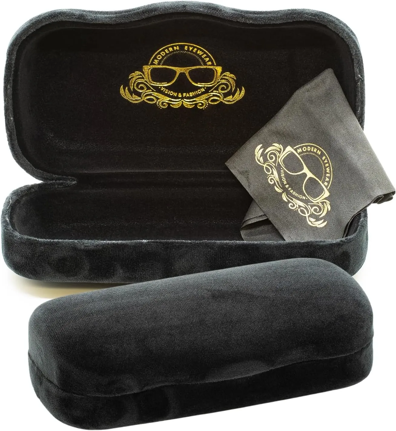 Medium Hard Shell Glasses Case with Cleaning Cloth - Black Velvet Protective Eyewear Case for Sunglasses & Reading Glasses - Lightweight, Crush-Resistant - Design for Men & Women