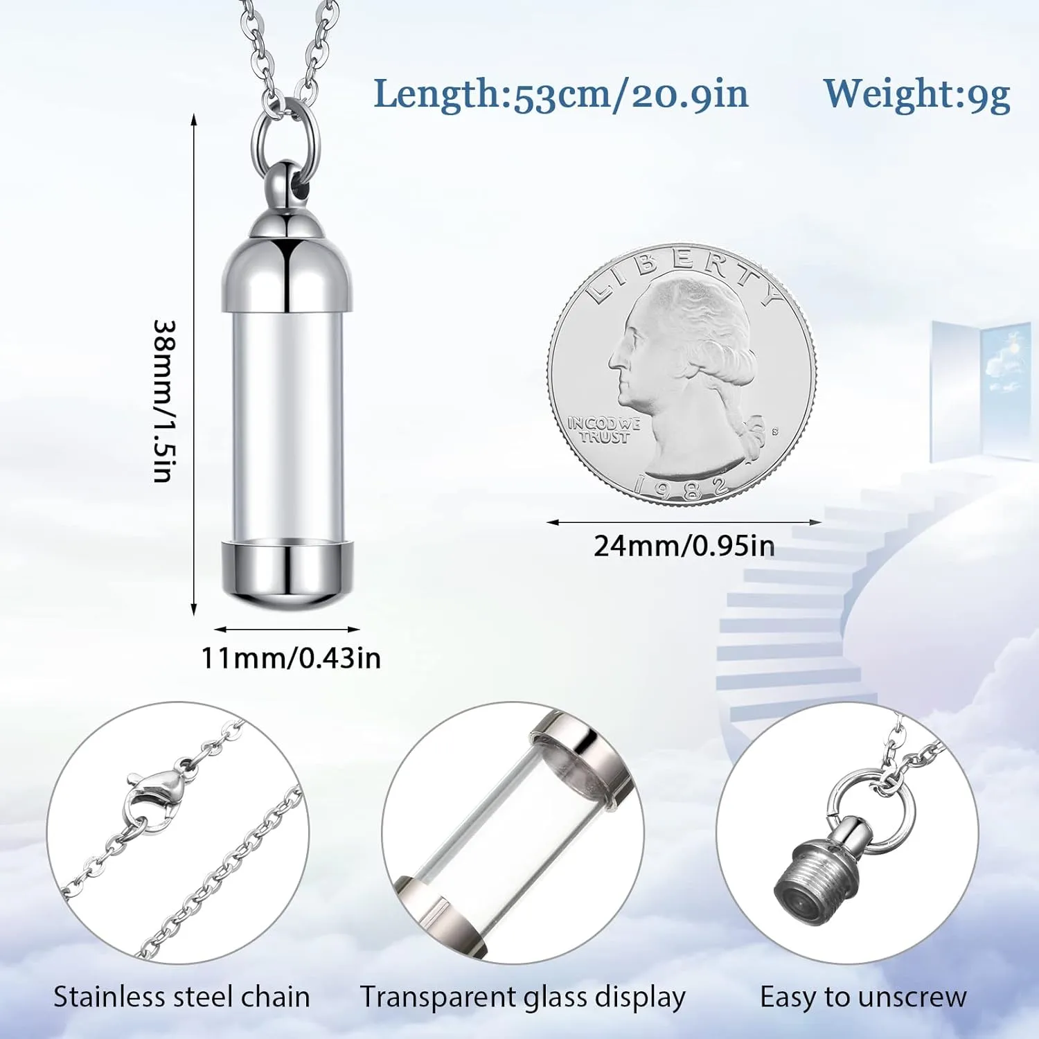 MTLEE Vial Necklace Glass Vial Pendant Stainless Steel Glass Container Urn Necklace for Ash Openable Memorial Keepsake Cremation Ashes Holder