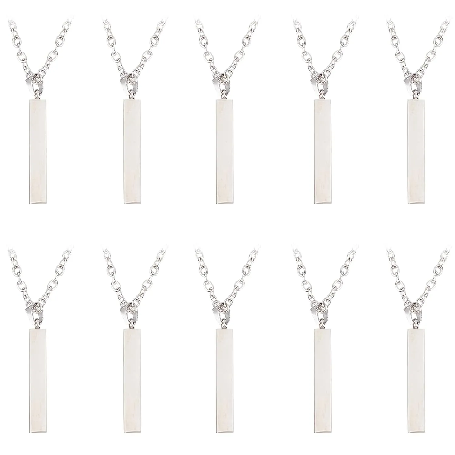NICENEEDED 10 PCS Stainless Steel Bar Pendant Necklace, Cube Engraving Blanks Rectangle Pendant Necklace, Stick Pendant Chain Necklace Fashion Bar Necklaces for Men Women