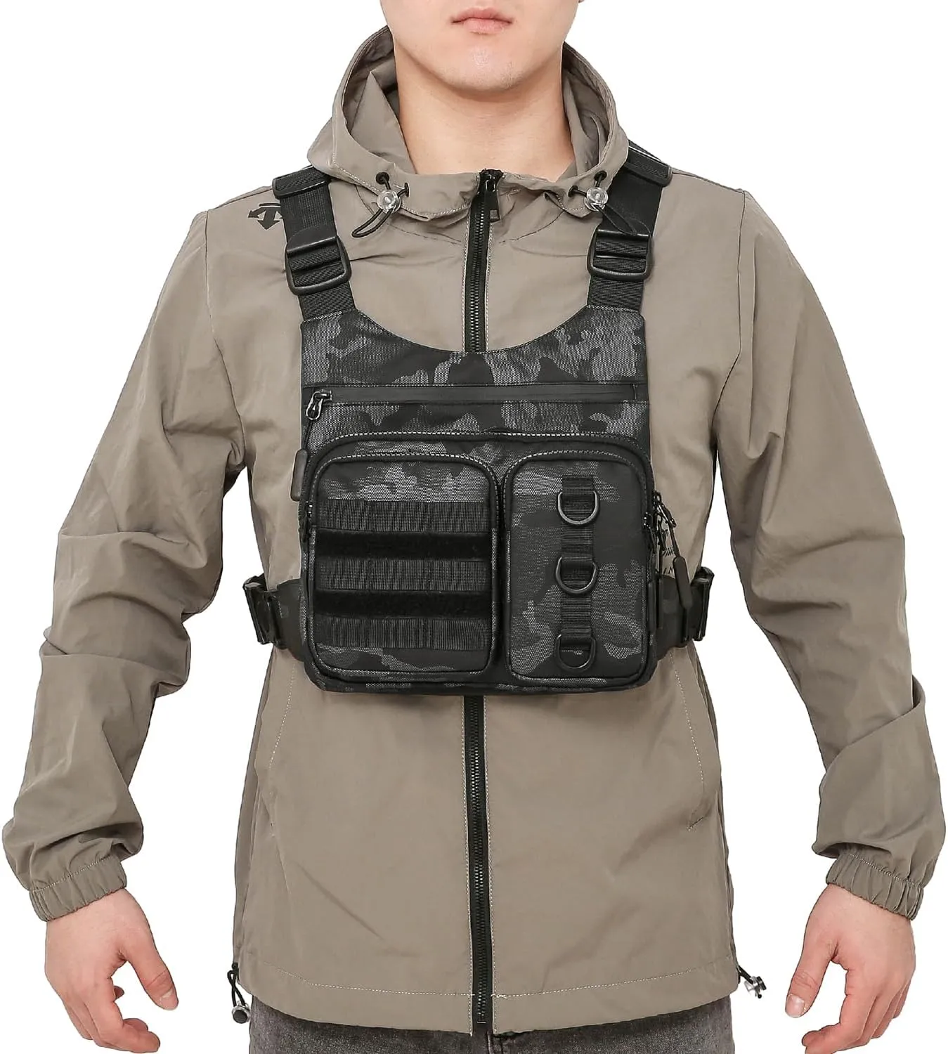 Outdoor Chest Bag for Men, Lightweight Running Vest with Water Bottle Pocket, EDC Chest Pack for Hiking, Cycling