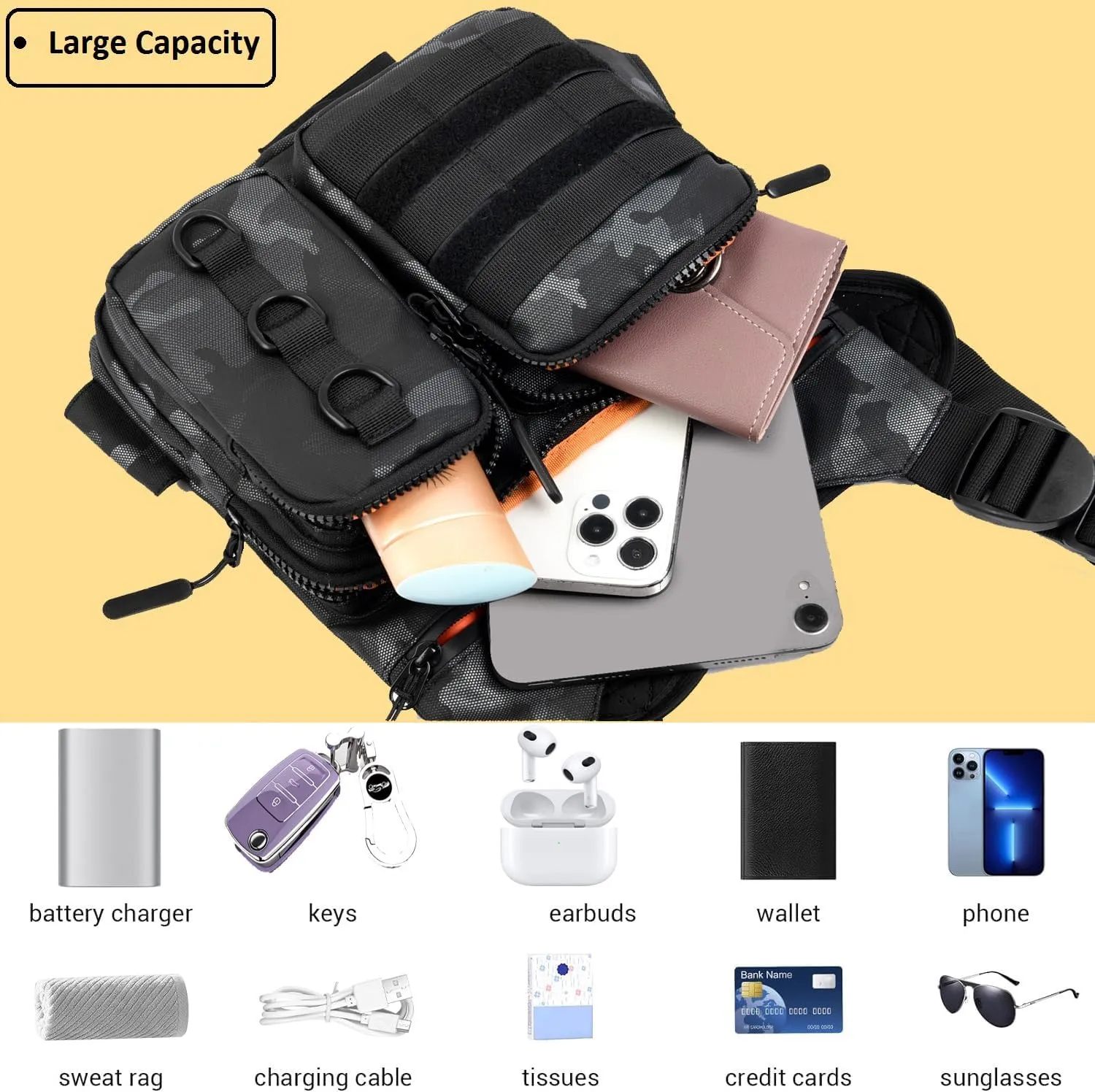 Outdoor Chest Bag for Men, Lightweight Running Vest with Water Bottle Pocket, EDC Chest Pack for Hiking, Cycling