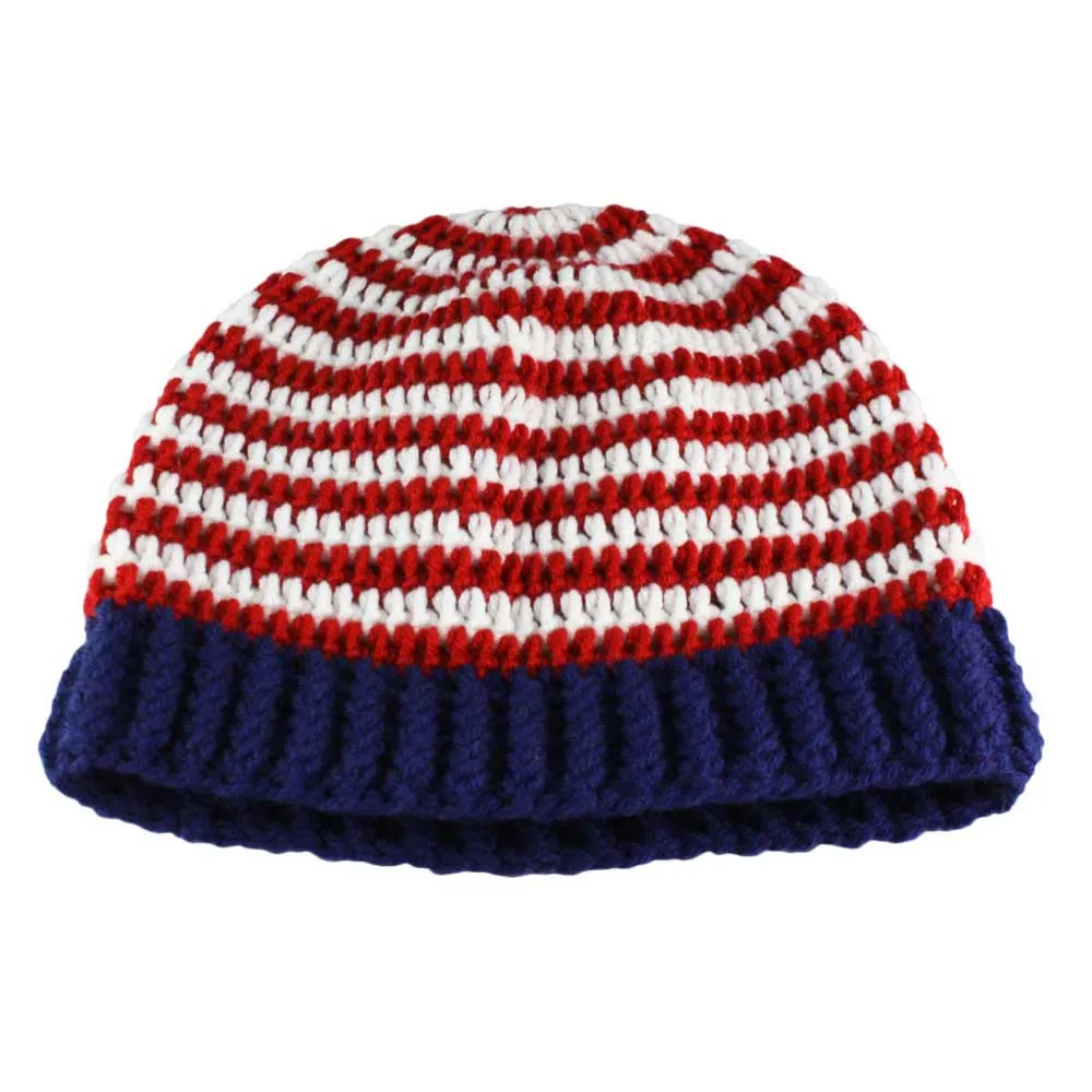 Red White Blue Crochet Beanie Hat with Band Med/Lg - JMCH54ML