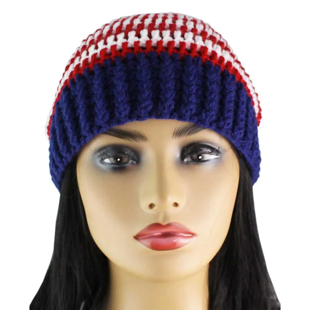 Red White Blue Crochet Beanie Hat with Band Med/Lg - JMCH54ML