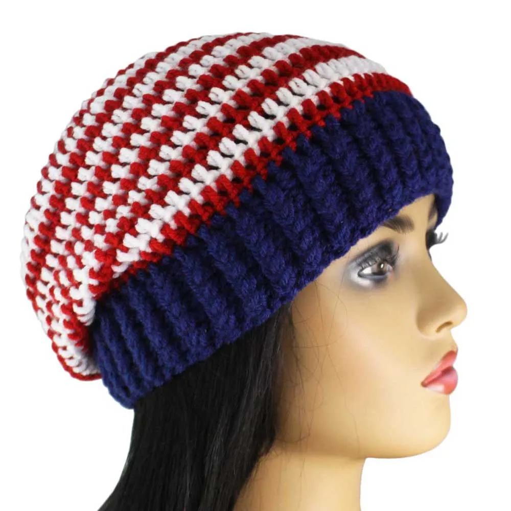 Red White Blue Crochet Beanie Hat with Band Med/Lg - JMCH54ML