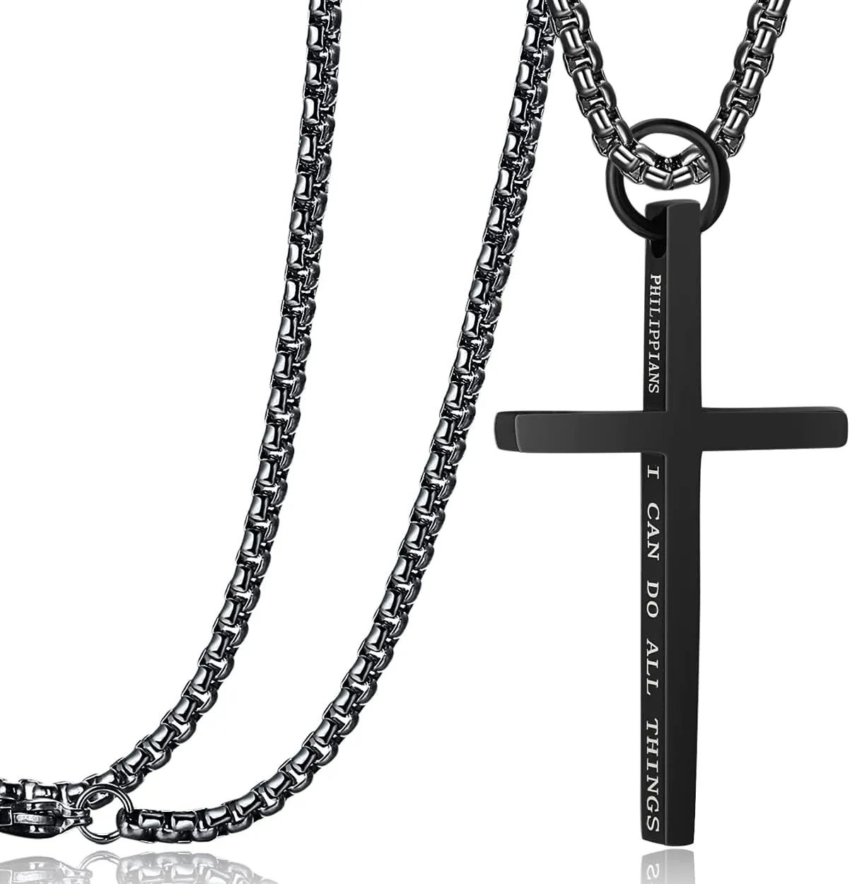 Rehoboth Cross Pendant Necklaces for Men Women Philippians 4:13 Bible Verse I Can Do All Things Stainless Steel Chain 16/20/24/28 Inchs Black Silver Gold