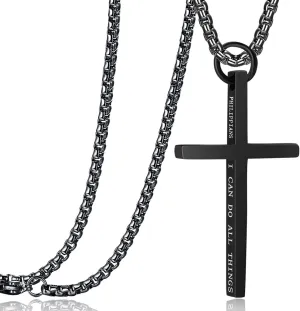 Rehoboth Cross Pendant Necklaces for Men Women Philippians 4:13 Bible Verse I Can Do All Things Stainless Steel Chain 16/20/24/28 Inchs Black Silver Gold