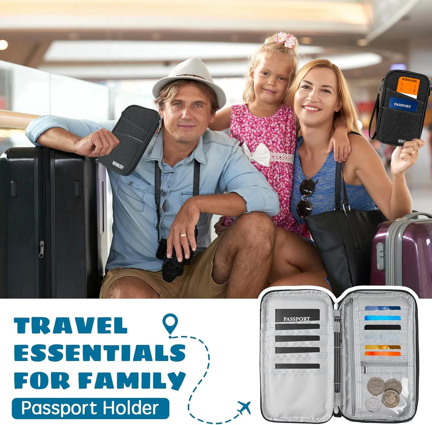 RFID Family Passport Holder, Travel Wallet, Travel Document Organizer, Passport BagCheap,Multifunctional.(Black)