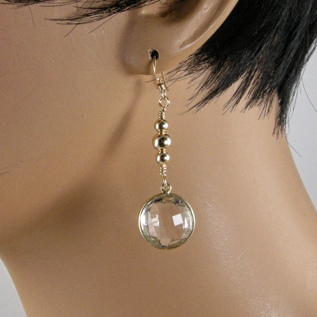 Rock Crystal Earrings, Rock Crystal Gold Bead Earrings