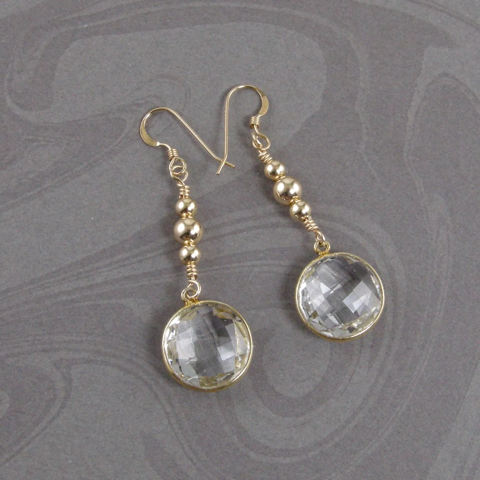 Rock Crystal Earrings, Rock Crystal Gold Bead Earrings