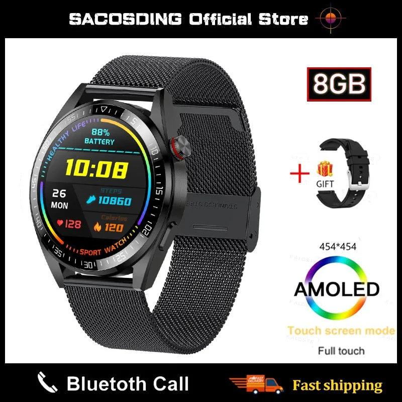 SACOSDING New Smart Watch Mens 8G Memory Local Music Player 454*454 AMOLED Screen Bluetooth Call Sport Man Smartwatch For Huawei