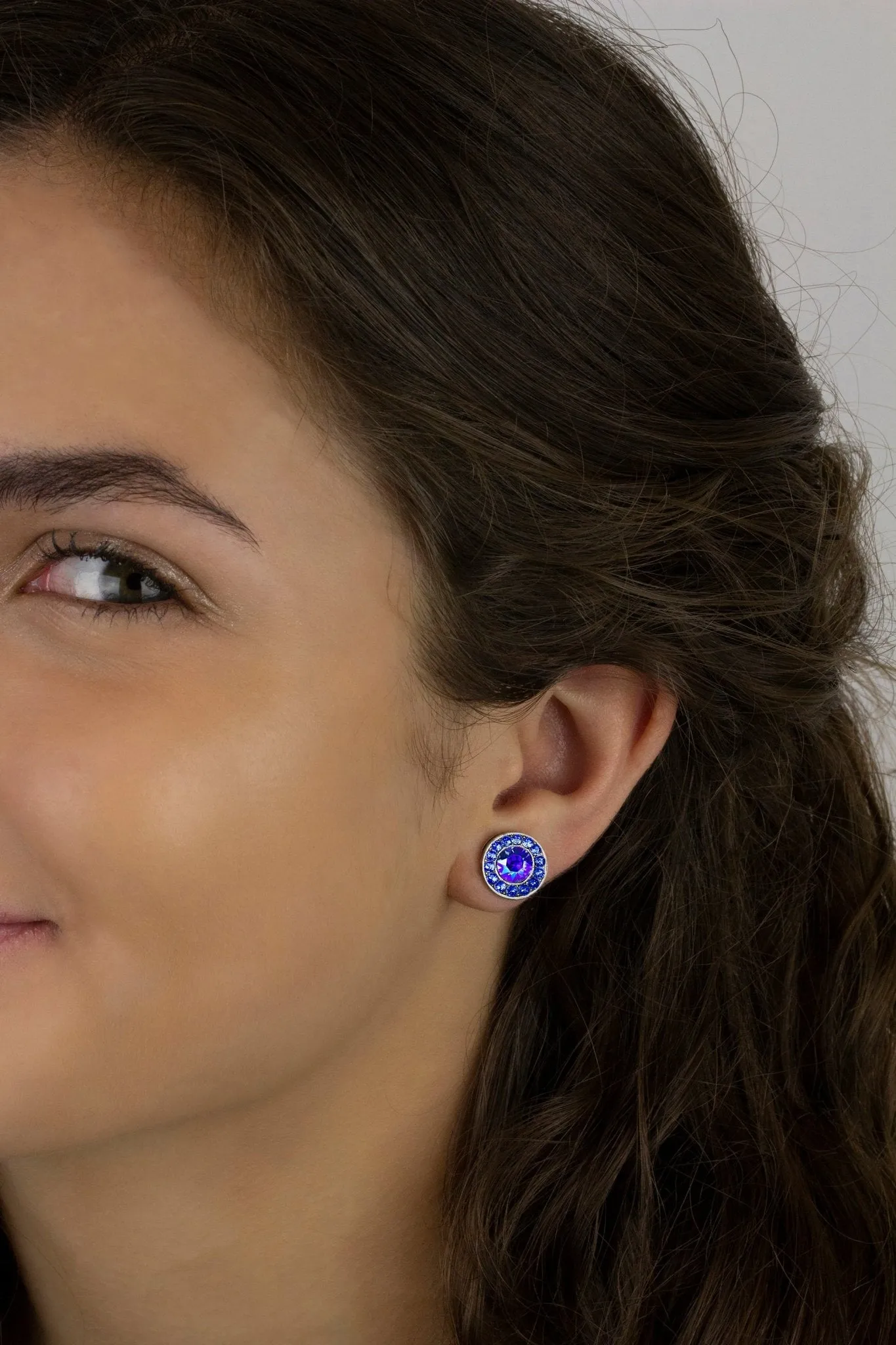 Sapphire Blue & Iridescent Crystal Halo Post Earrings