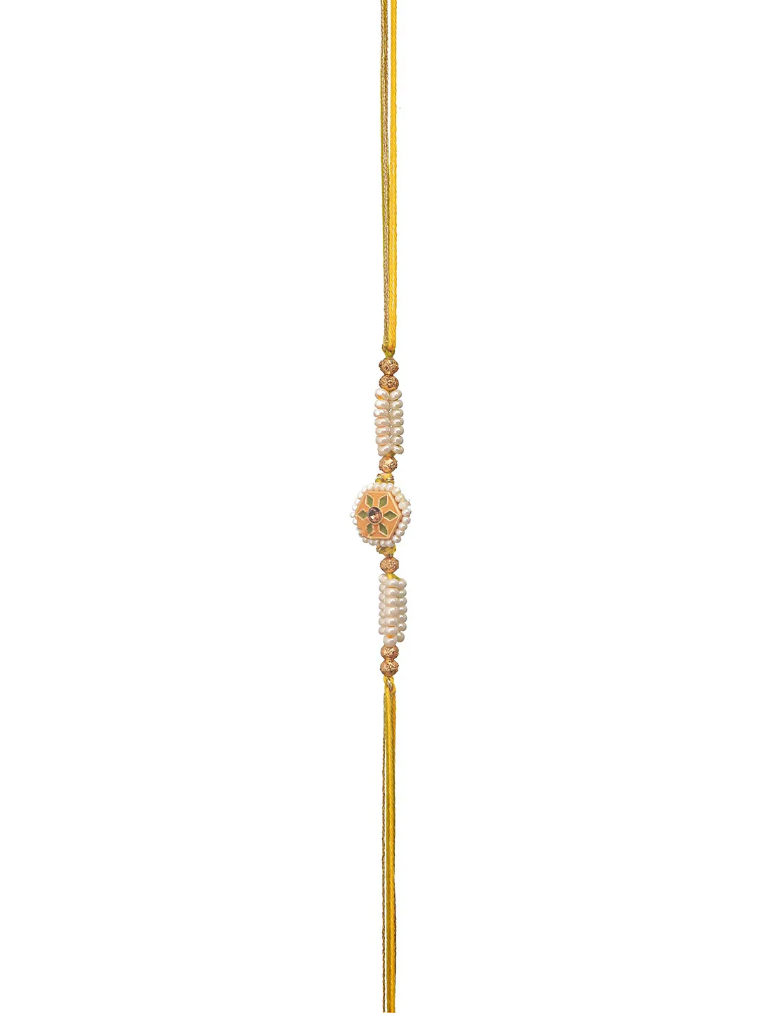Set Of 3 Yellow & White Faux Pearls Embellished Thread Rakhi With Roli & Chawal