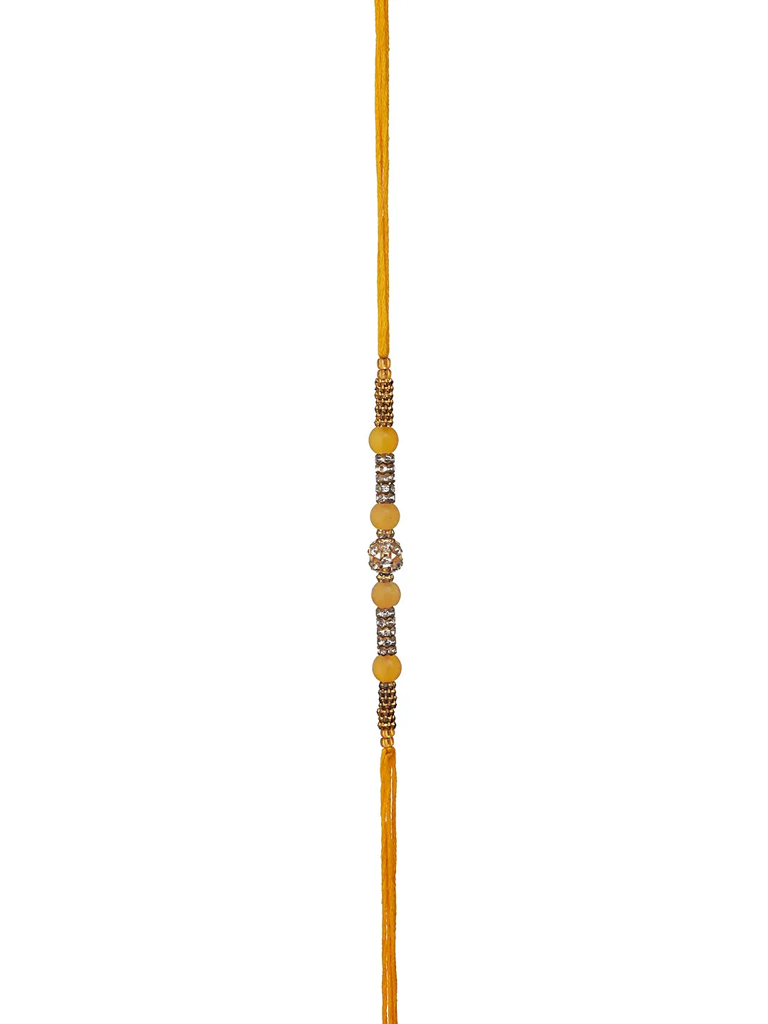Set Of 3 Yellow & White Faux Pearls Embellished Thread Rakhi With Roli & Chawal