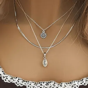 Silver Sunflower Initial Leaf Layered Necklace Set