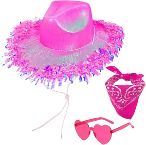 Space Cowboy Hat, Sparkly Glitter Disco Cowgirl Hat with Sunglasses and Bandana for Women Party Costume Accessory