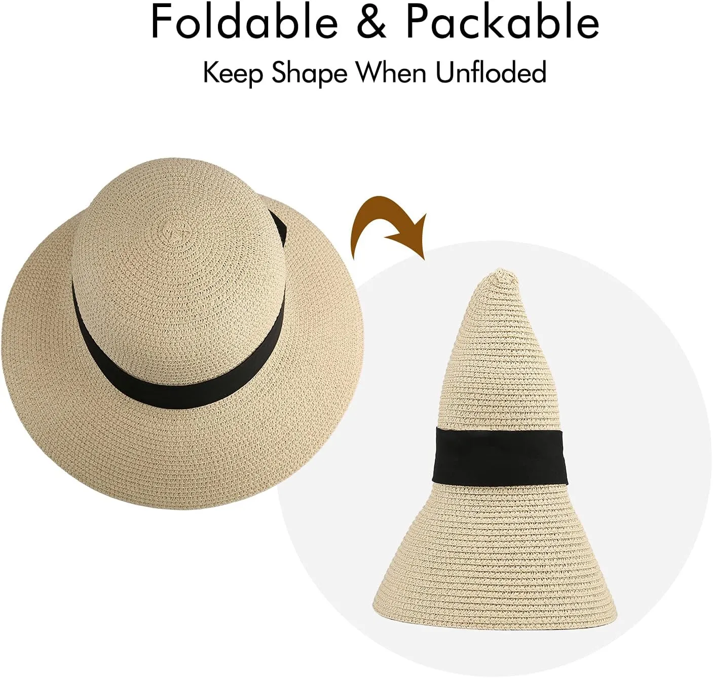 Surblue Womens Straw Sun Hat Wide Brim Foldable Panama Roll up Cap Fedora Beach Sun Hat UPF50 