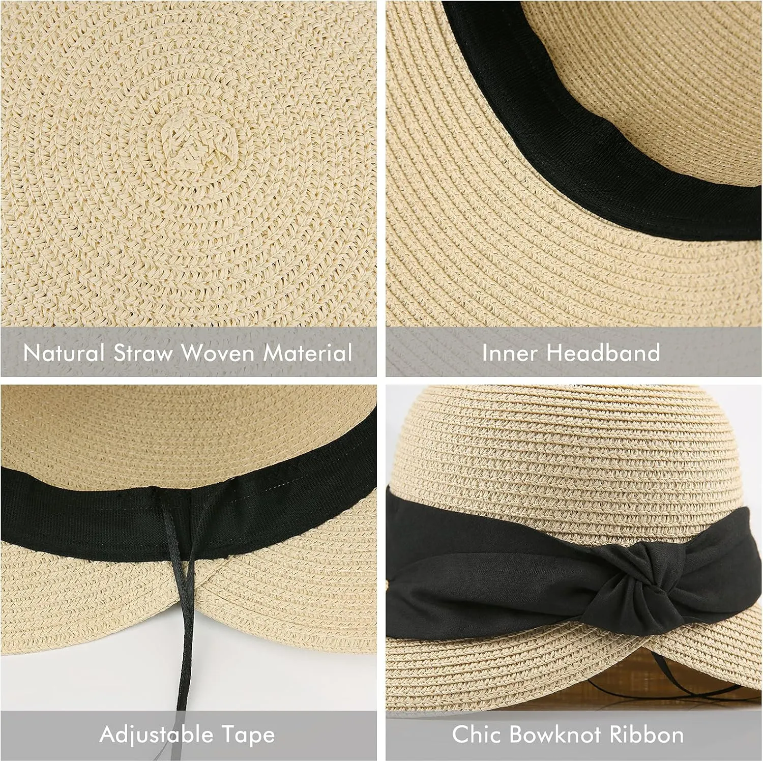 Surblue Womens Straw Sun Hat Wide Brim Foldable Panama Roll up Cap Fedora Beach Sun Hat UPF50 