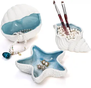 TOPZEA 3 Pack Ceramic Jewelry Tray, Conch Starfish Aqua Shell Shaped Trinket Dish Ocean Themed Trinket Plate Decorative Earring Rings Bracelet Holder for Dresser, Bedroom, Entryway, Beach Room Decor