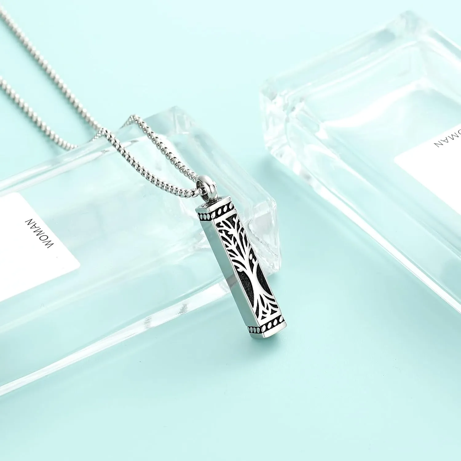 Tree of Life Cremation Jewelry Stainless Steel Urn Necklaces for Ashes Memorial Pendant Locket Vertical Bar Keepsake Necklace Jewelry for Women Men Human Ashes