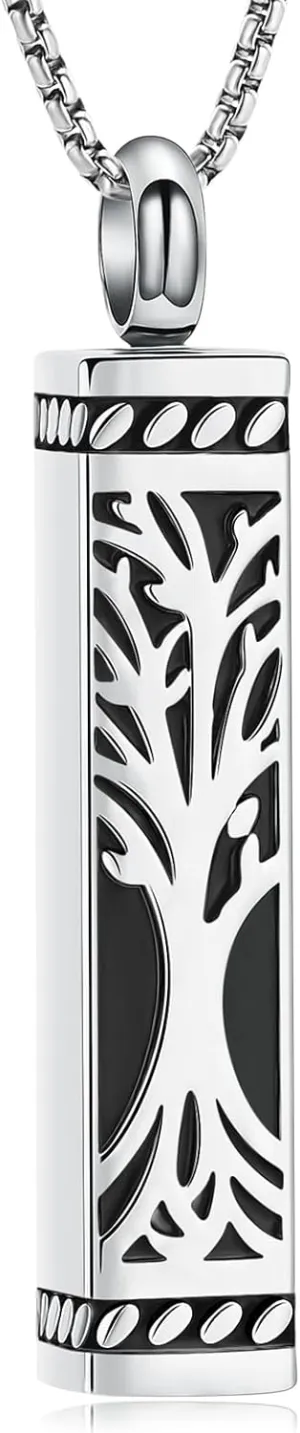 Tree of Life Cremation Jewelry Stainless Steel Urn Necklaces for Ashes Memorial Pendant Locket Vertical Bar Keepsake Necklace Jewelry for Women Men Human Ashes