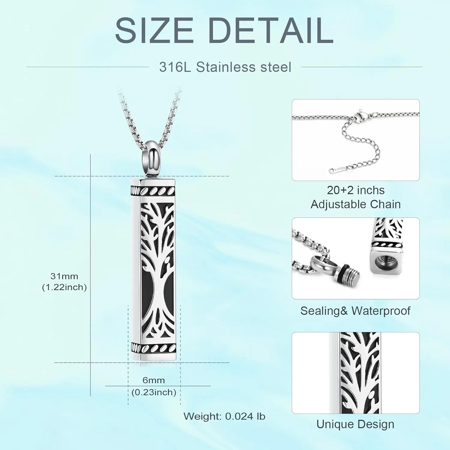 Tree of Life Cremation Jewelry Stainless Steel Urn Necklaces for Ashes Memorial Pendant Locket Vertical Bar Keepsake Necklace Jewelry for Women Men Human Ashes