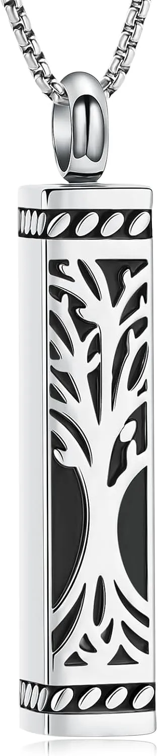 Tree of Life Cremation Jewelry Stainless Steel Urn Necklaces for Ashes Memorial Pendant Locket Vertical Bar Keepsake Necklace Jewelry for Women Men Human Ashes