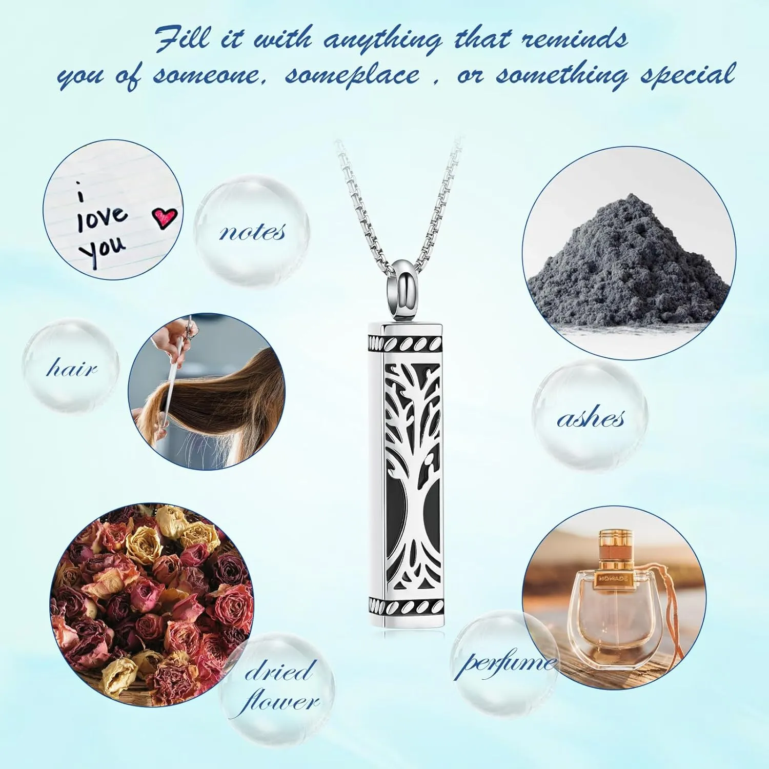 Tree of Life Cremation Jewelry Stainless Steel Urn Necklaces for Ashes Memorial Pendant Locket Vertical Bar Keepsake Necklace Jewelry for Women Men Human Ashes